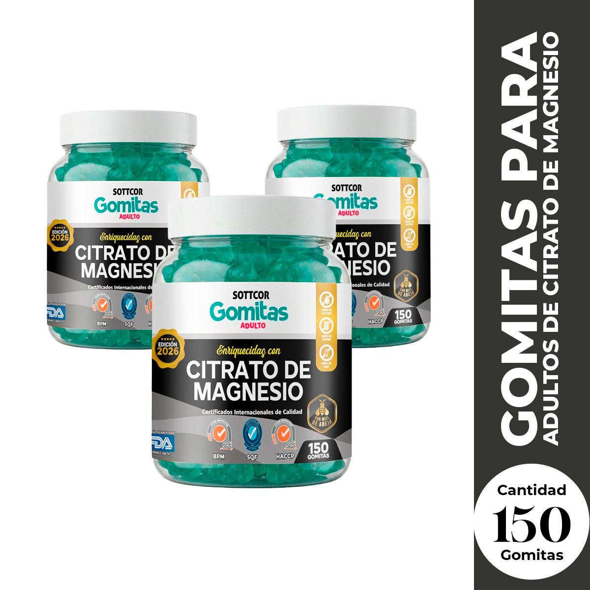 3 Gomitas Adultos Citrato de Magnesio Sottcor 150 Gomitas